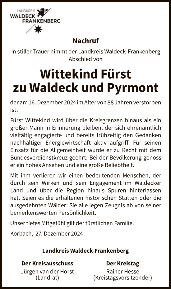 Todesanzeige von Wittekind Fürst zu Waldeck und Pyrmont von WLZHNA