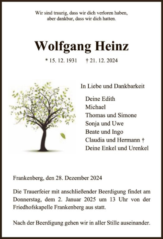 Todesanzeige von Wolfgang Heinz von HNA