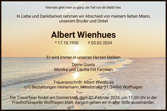 Todesanzeige von Albert Wienhues von HNA