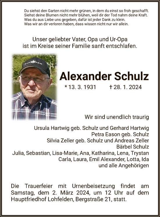 Todesanzeige von Alexander Schulz von HNA