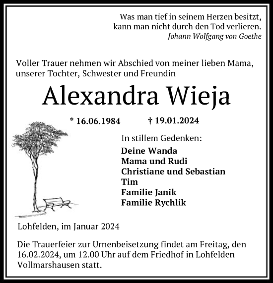 Todesanzeige von Alexandra Wieja von HNA