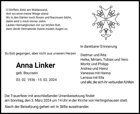 Todesanzeige von Anna Linker von HNA