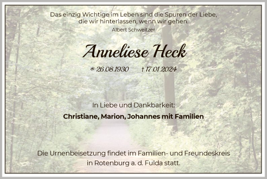 Todesanzeige von Anneliese Heck von HNA