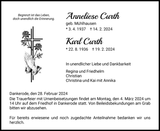 Todesanzeige von Anneliese und Karl Curth von HNA