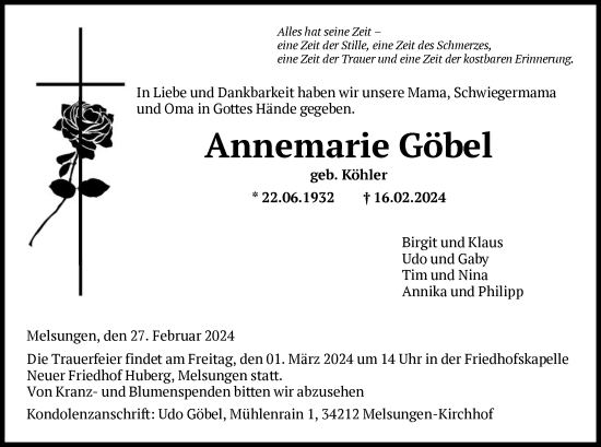 Todesanzeige von Annemarie Göbel von HNAHNA