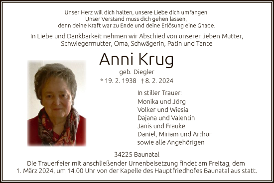 Todesanzeige von Anni Krug von HNA