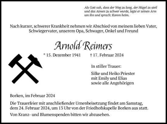 Todesanzeige von Arnold Reimers von HNA