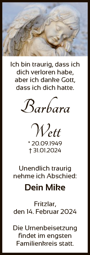 Todesanzeige von Barbara Wett von HNA