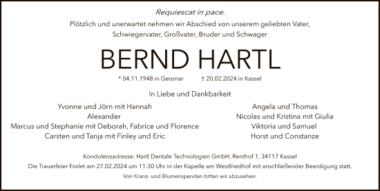 Todesanzeige von Bernd Hartl von HNA