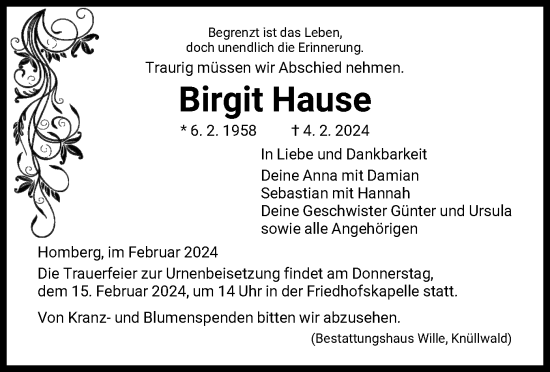 Todesanzeige von Birgit Hause von HNA