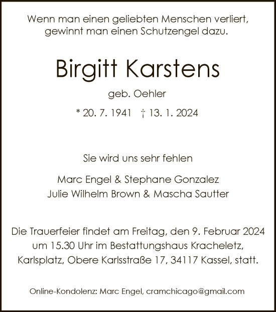 Todesanzeige von Birgitt Karstens von HNA