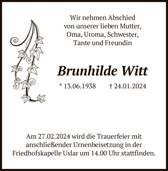 Todesanzeige von Brunhilde Witt von HNA