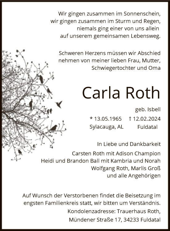 Todesanzeige von Carla Roth von HNA