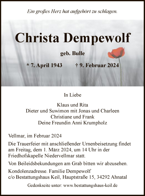 Todesanzeige von Christa Dempewolf von HNAHNA