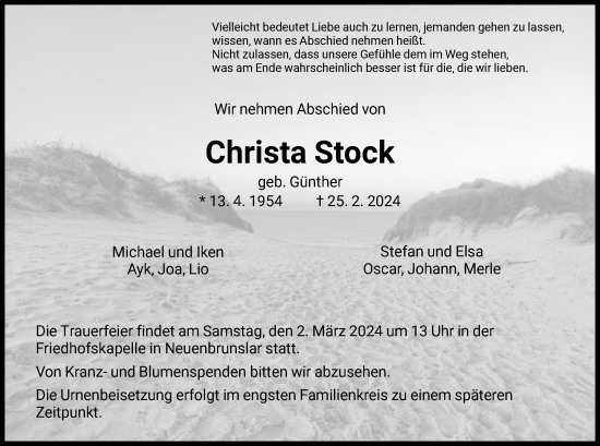 Todesanzeige von Christa Stock von HNAHNA
