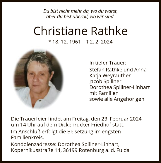 Todesanzeige von Christiane Rathke von HNAHNA