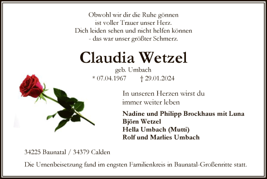 Todesanzeige von Claudia Wetzel von HNAHNA