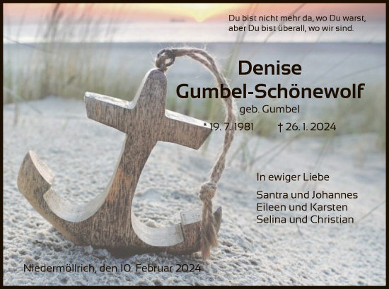 Todesanzeige von Denise Gumbel-Schönewolf von HNA