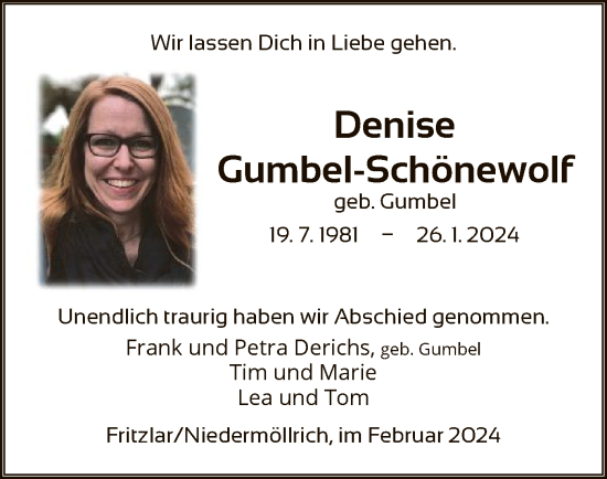 Todesanzeige von Denise Gumbel-Schönewolf von HNA