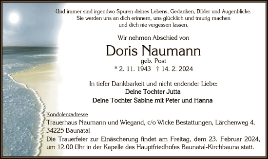 Todesanzeige von Doris Naumann von HNAHNAHNA