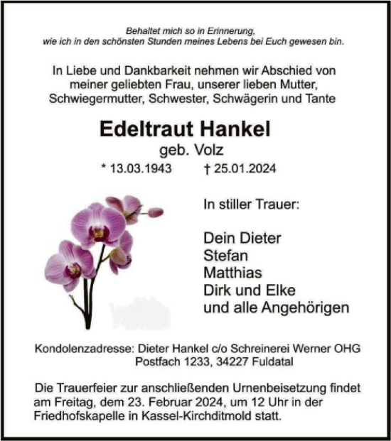 Todesanzeige von Edeltraut Hankel von HNA
