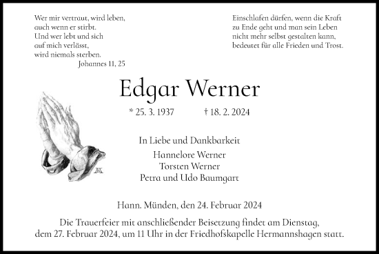 Todesanzeige von Edgar Werner von HNA