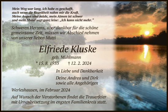 Todesanzeige von Elfriede Kluske von HNA