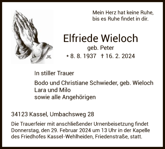 Todesanzeige von Elfriede Wieloch von HNA
