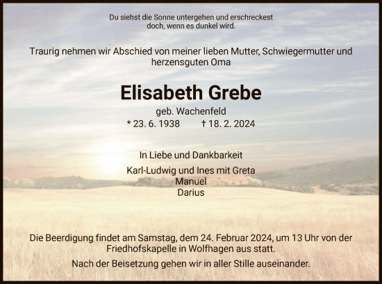 Todesanzeige von Elisabeth Grebe von HNA