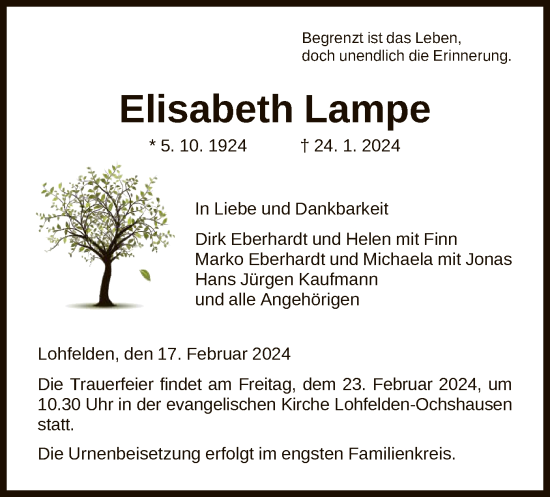 Todesanzeige von Elisabeth Lampe von HNA