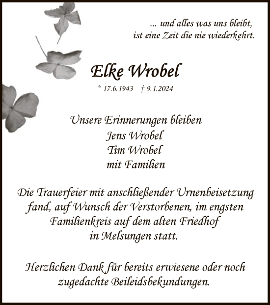 Todesanzeige von Elke Wrobel von HNA