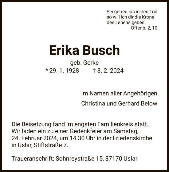 Todesanzeige von Erika Busch von HNA