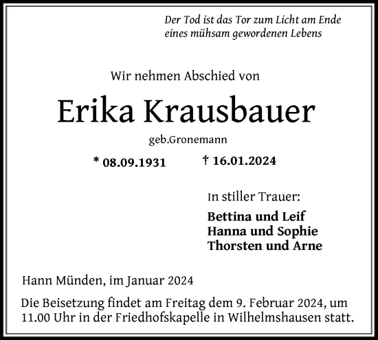 Todesanzeige von Erika Krausbauer von HNA