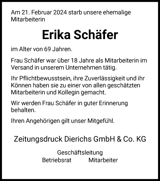 Todesanzeige von Erika Schäfer von HNA