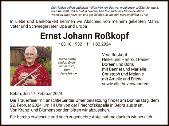 Todesanzeige von Ernst Johann Roßkopf von HNA
