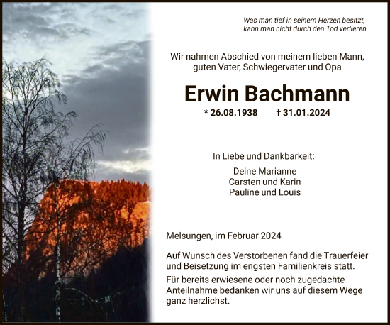 Todesanzeige von Erwin Bachmann von HNA