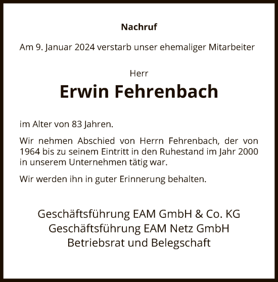 Todesanzeige von Erwin Fehrenbach von HNA
