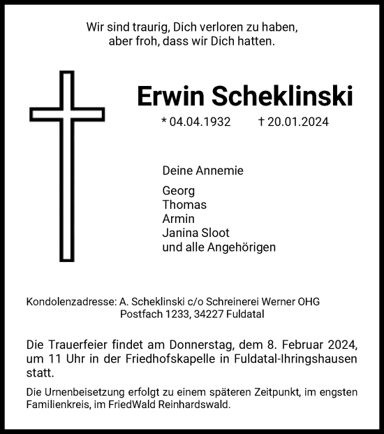 Todesanzeige von Erwin Scheklinski von HNA