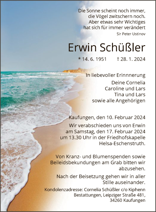 Todesanzeige von Erwin Schüßler von HNA