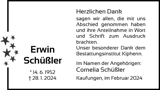 Todesanzeige von Erwin Schüßler von HNA