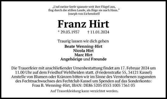 Todesanzeige von Franz Hirt von HNA