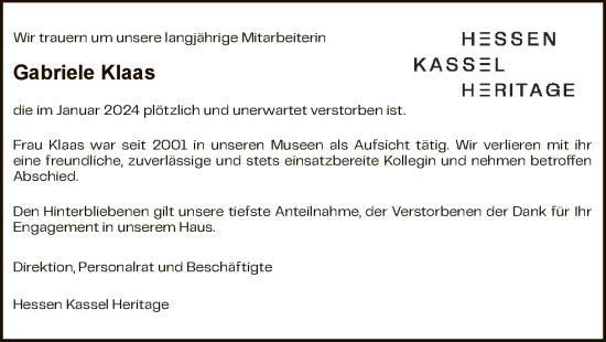 Todesanzeige von Gabriele Klaas von HNA