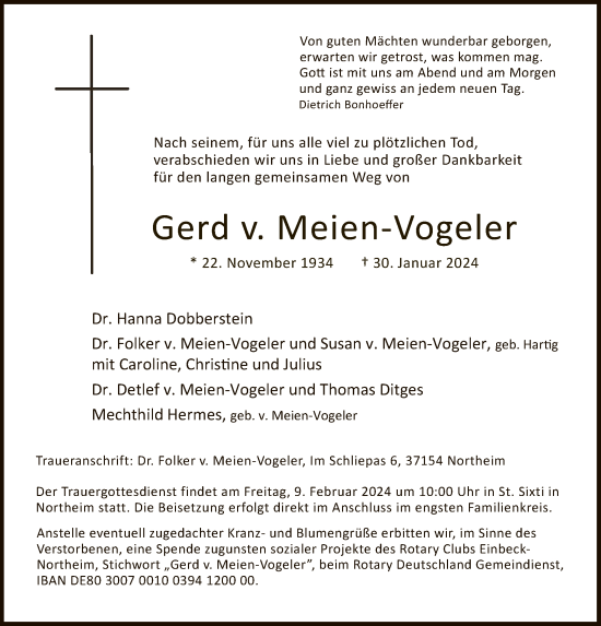 Todesanzeige von Gerd v. Meien-Vogeler von HNA