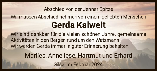Todesanzeige von Gerda Kalweit von HNA