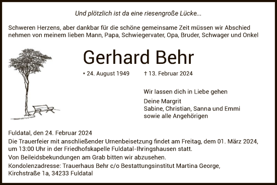 Todesanzeige von Gerhard Behr von HNA