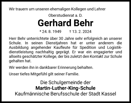 Todesanzeige von Gerhard Behr von HNA