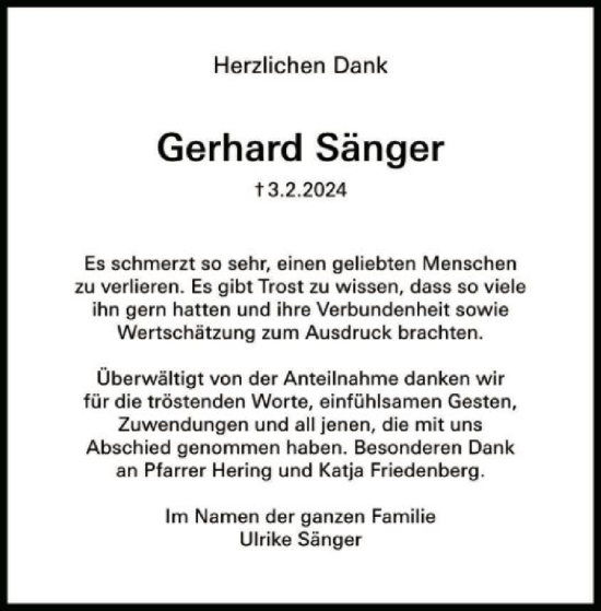 Todesanzeige von Gerhard Sänger von HNA