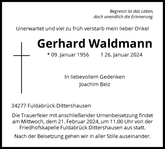 Todesanzeige von Gerhard Waldmann von HNA