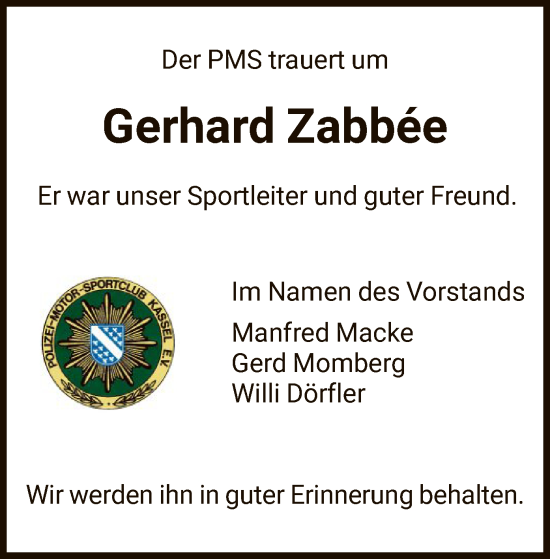 Todesanzeige von Gerhard Zabbée von HNA