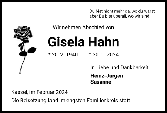 Todesanzeige von Gisela Hahn von HNA